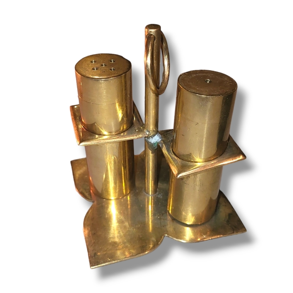 Danish MCM Brass Salt and Pepper set with holder